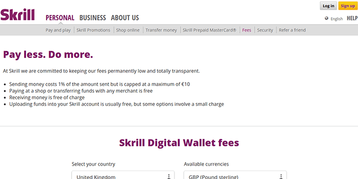 Cuotas e impuestos de Skrill Captura de pantalla de la página de cuotas e impuestos de Skrill