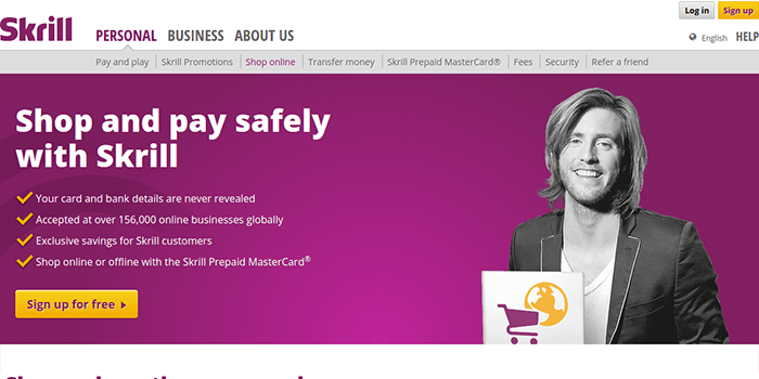 Las compras en línea de Skrill Captura de pantalla de la página de las compras en línea de Skrill