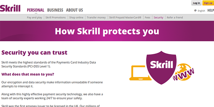 Seguridad de Skrill Captura de pantalla de la página de seguridad de Skrill