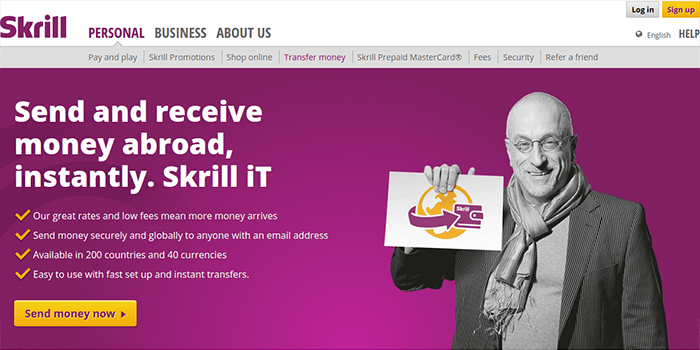 Transferir dinero de Skrill Captura de pantalla de la página de transferir dinero de Skrill