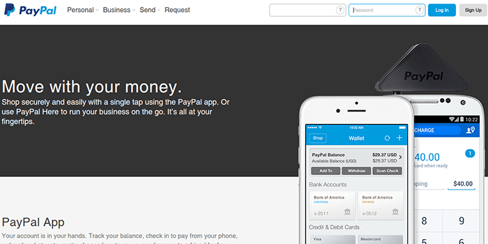 Aplicación movil de PayPal Captura de pantalla de la página de aplicación movil de PayPal