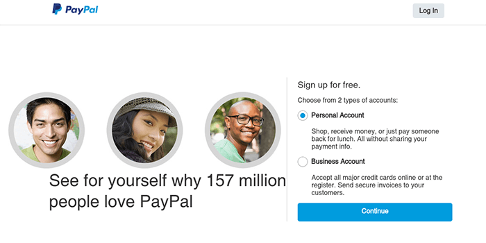 Registro de PayPal Captura de pantalla de la página de registro de PayPal